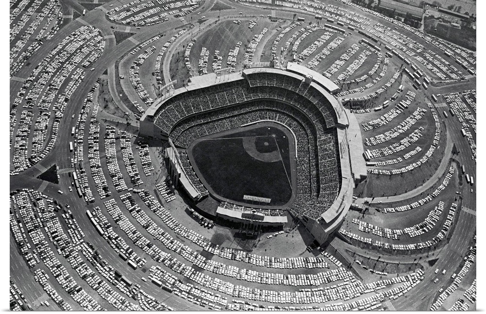 Aerial view shows the new Dodger stadium as their opening day game got under way against Cincinnati before a 56,000 capaci...