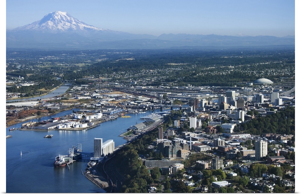 Aerial view of Tacoma and Mount Rainier