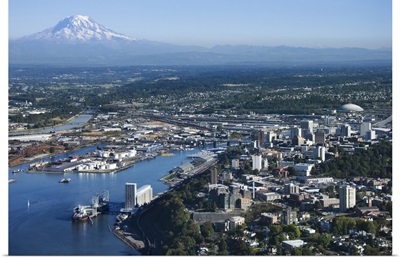 Aerial view of Tacoma and Mount Rainier, Washington State
