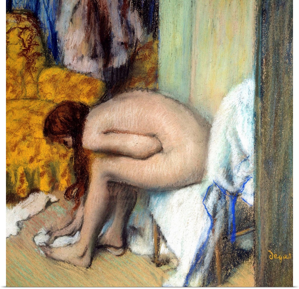 Nude woman wiping her left feet. A woman at her toilet. Monotype in black ink. Painting by Edgar Degas (1834-1917). 1879-1...