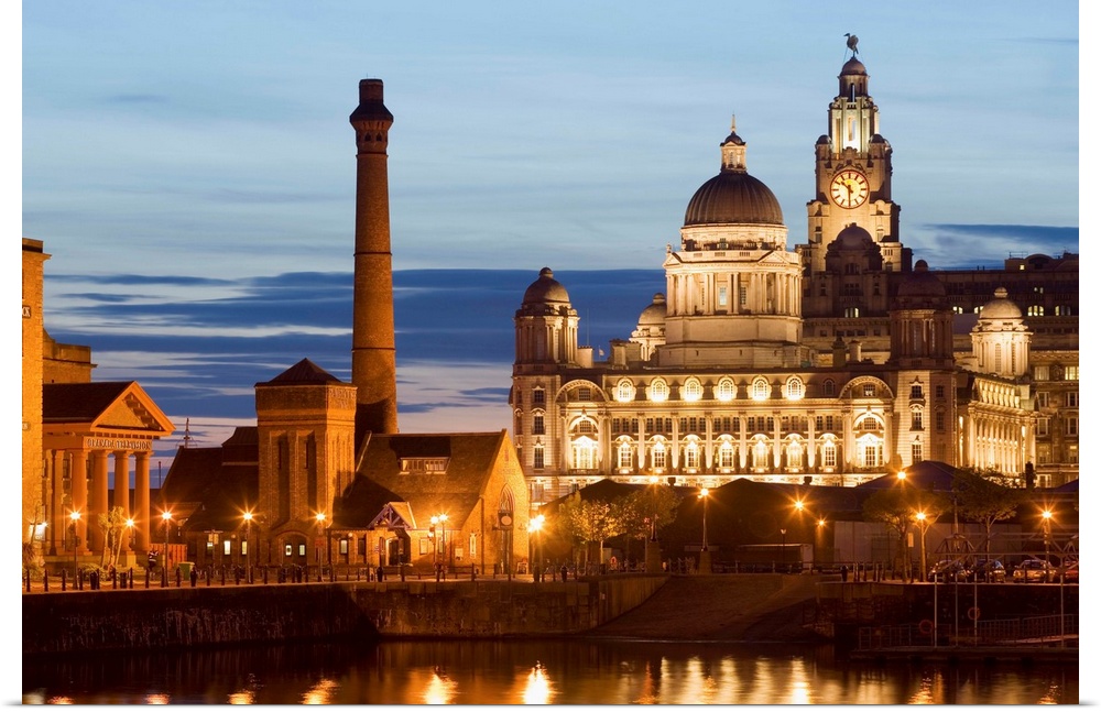 View of the Albert Dock, the Pumphouse Inn, and the Three Graces (Royal Liver Building, Cunard Building, Port of Liverpool...