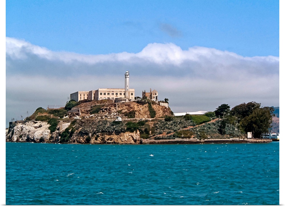 The iconic Alcatraz Island looms as we view from the water.