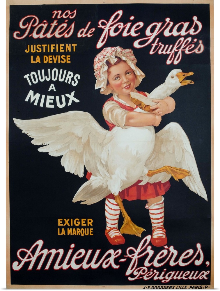 ca 1910 advertising for Pate de Foies gras showing a young girl holding a fattened goose.