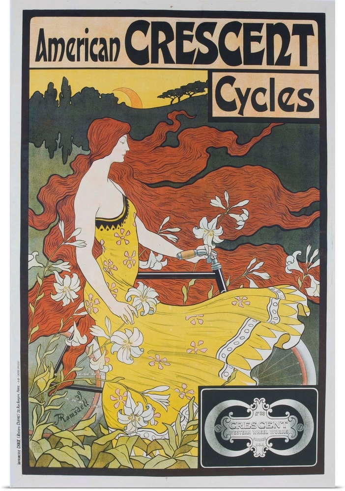 Illustrated by FREDERICK WINTHROP RAMSDELL (1865-1915), Bicycle advertising poster showing woman with flowing red hair pro...
