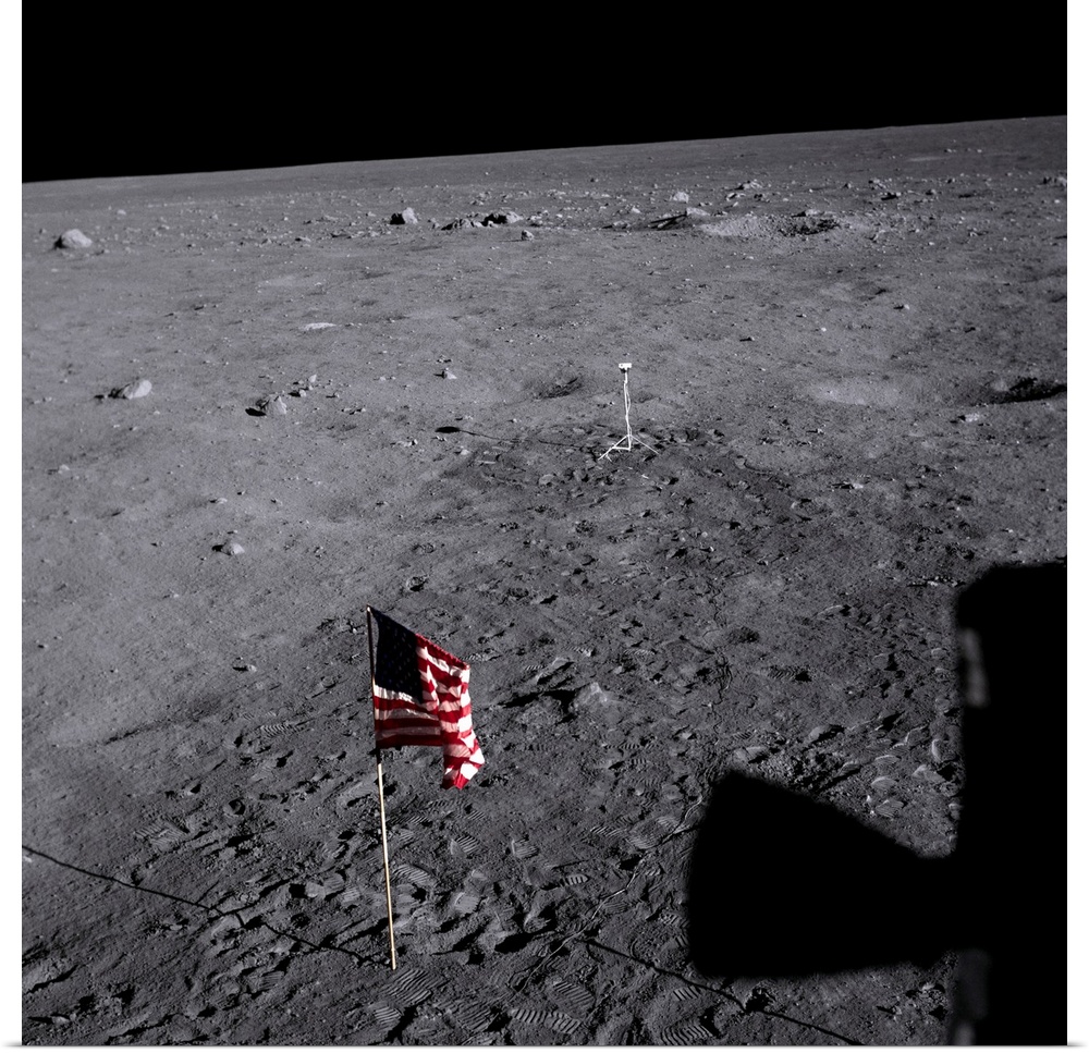 The American flag at Tranquility Base on the Moon, planted by the Apollo 11 astronauts.