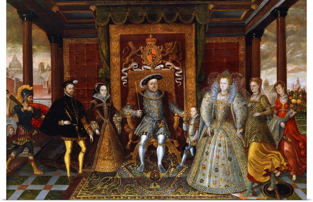 Unknown, An Allegory of the Tudor Succession: The Family of Henry VIII, c. 1590, oil on panel, 114.3 x 182.2 cm (45 x 71.7...
