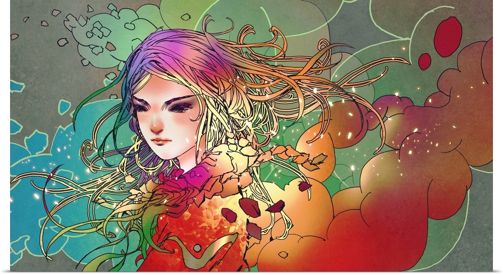 Anime portrait of a beautiful girl in colorful smoke.