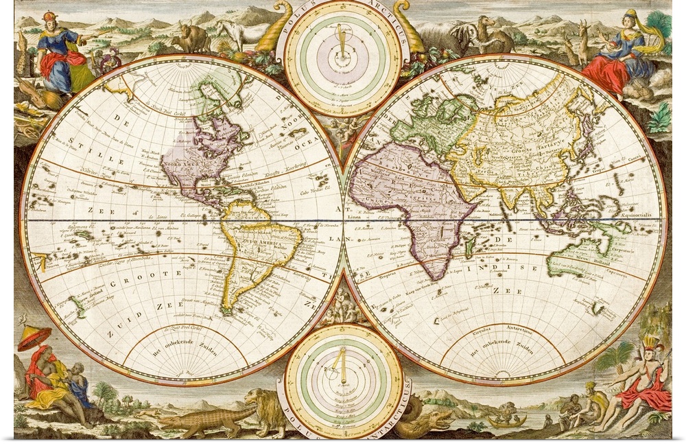 Antique drawing of the globe. Vintage map with distorted continents and mythical illustrations in the corners. Two smaller...