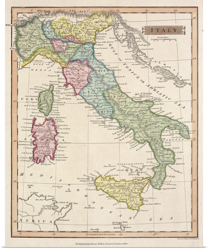 Vintage map of the country of Italy and several islands in the Mediterranean, including Sicily, Sardinia, and Corsica, as ...