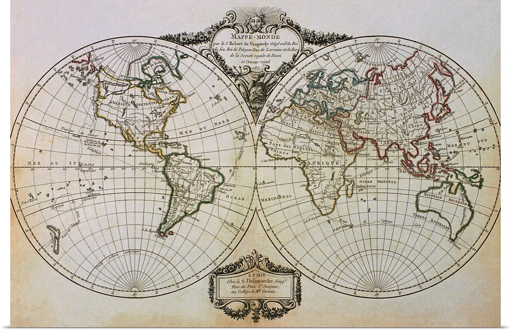 An antique map of the world showing one half in a circle and the other half in another circle just next to it.