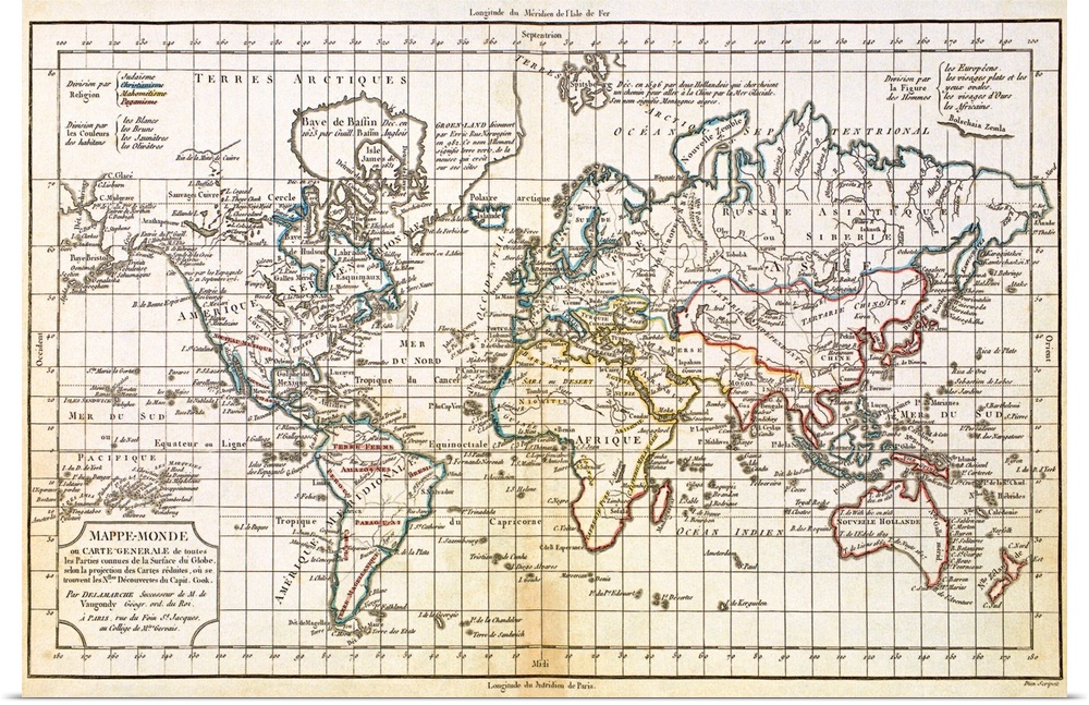 Canvas of a vintage detailed map of the world with longitude and latitude lines.