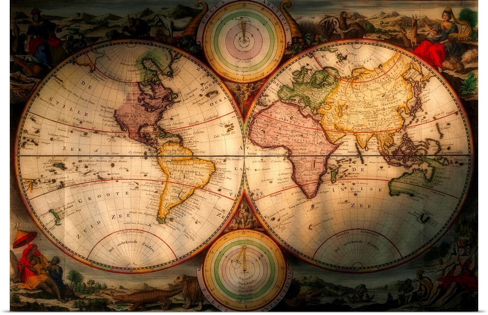 Huge world map in an antique style displayed over two separate circles.  The detailed map includes names for oceans and nu...