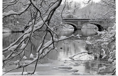 Arch bridge over partially frozen river seen trough snow covered branches.