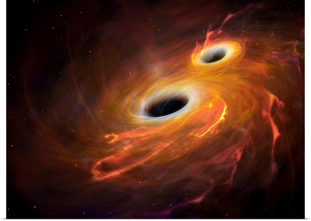 Illustration of two black holes orbiting each other in a combined accretion disc. Eventually the black holes will merge, a...