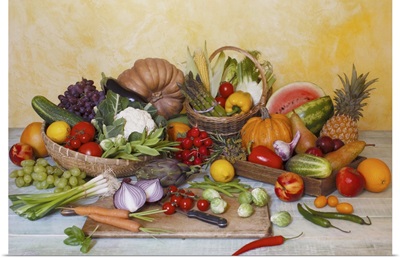 Assorted vegetables and fruits on table