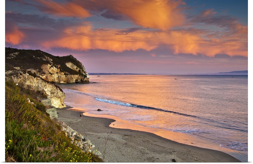 Horizontal photograph on a big wall hanging of the rocky coast line along Avila Beach in California, beneath the setting s...