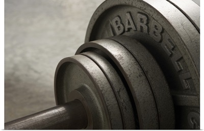 Barbell, close-up of weights, elevated view