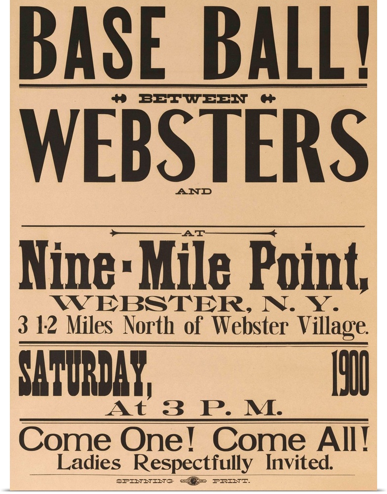 American typographic baseball poster. Stock poster for Webster New York team vs unnamed opponent.