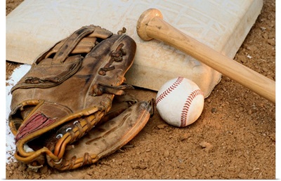 Baseball, Mitt, and Bat on Base