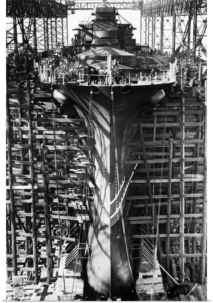 Giant battleship nears completion. An impressive view of the American battleship Indiana which is rapidly nearing completi...