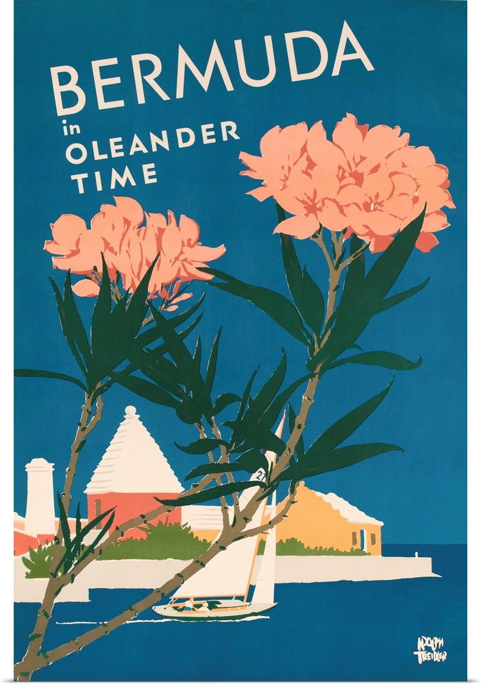 Bermuda travel poster showing sailboat in front of typical architecture with flowering Oleanders in the foreground, illust...