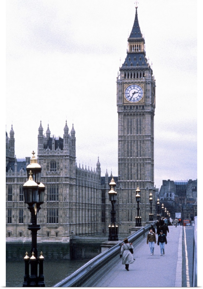 Portrait, large photograph of people walking on Westminster Bridge, leading toward Big Ben towering over London.