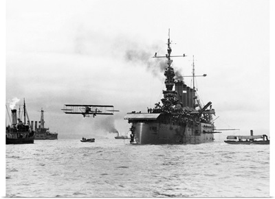 Biplane Flying From Armored Cruiser