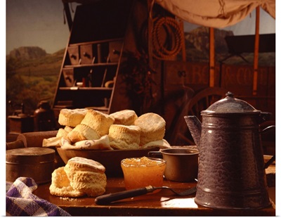 Biscuits and coffee on chuck wagon