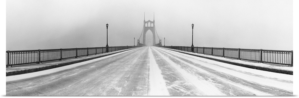Black and white panorama of St.Johns Bridge in Portland, Oregon in winter snow storm.