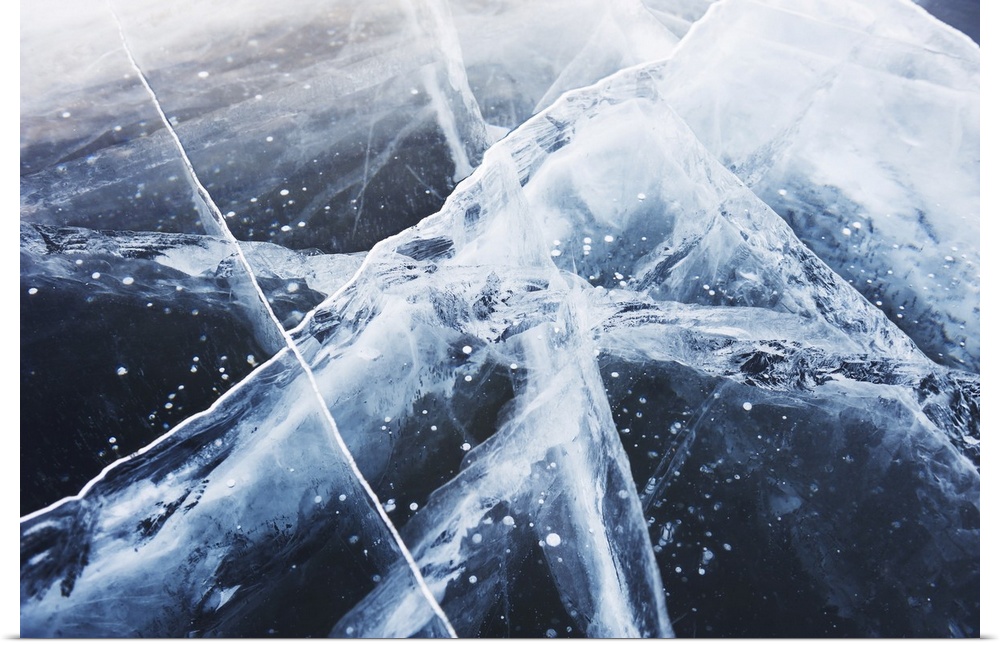 Macro image of beautiful blue ice on a winter lake.
