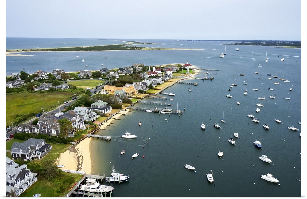 Kite aerial of Brant Point and harbor and Coatue, Nantucket, MA.