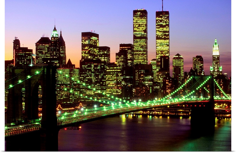 Brooklyn Bridge and Manhattan skyline at dusk, New York