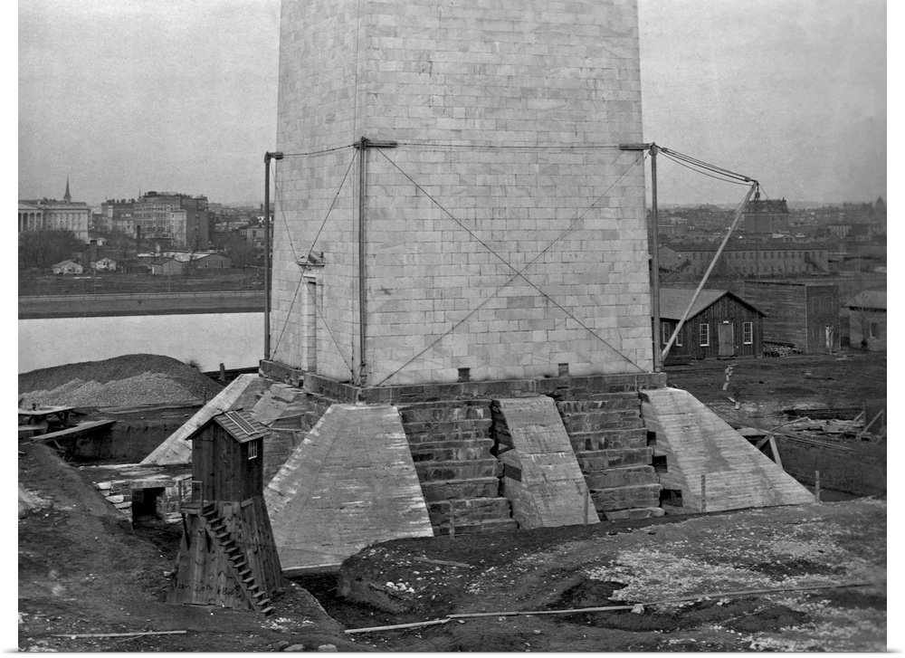 Buttresses support the foundation of the Washington Monument during construction. January 20, 1880.