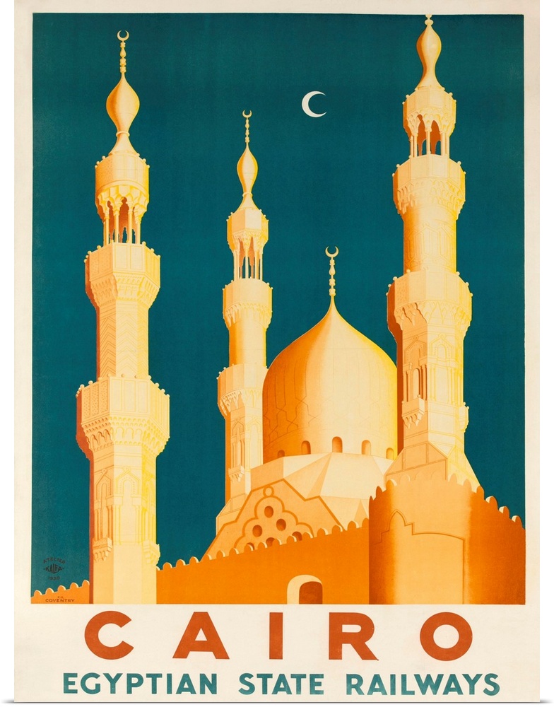 1930s Ciaro Egypt travel poster showing golden Mosques and minarets in the moonlight