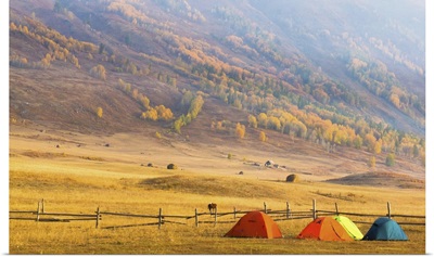 Camping tents on hillside of Hemu in misty morning