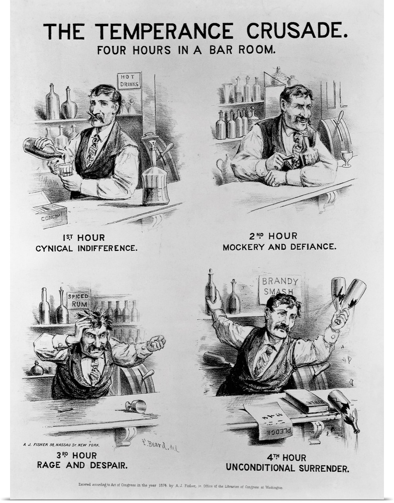 A bartender proceeds through what is termed the four stages of the temperance crusade in a cartoon from the temperance mov...