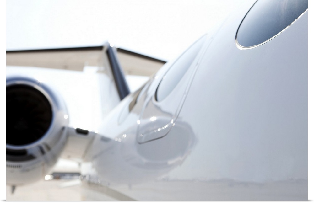 Slick private jet, close up engine with limited focus