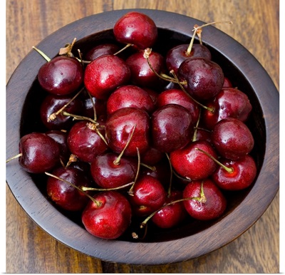Cherries in wooden bowl