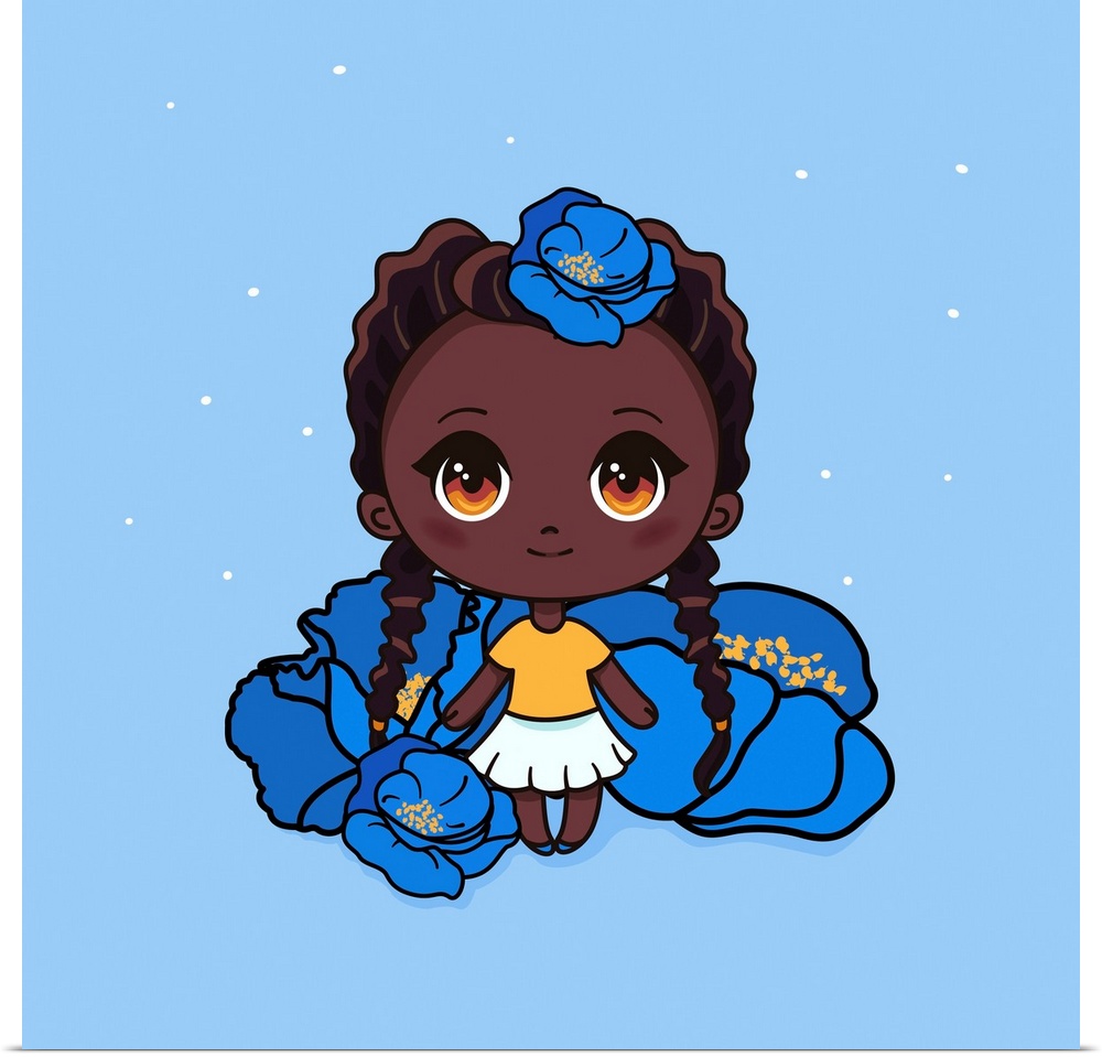 Cute and kawaii African American girl with poppies. Happy manga chibi girl with blue flowers. Originally a vector illustra...