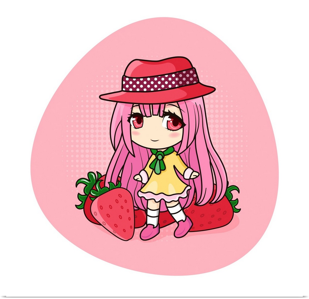 Cute and kawaii girl with pink hair. Happy manga chibi girl with strawberries. Originally a vector illustration.