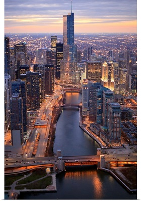 Chicago River and Trump Tower from above during sunset with clear crisp skies.