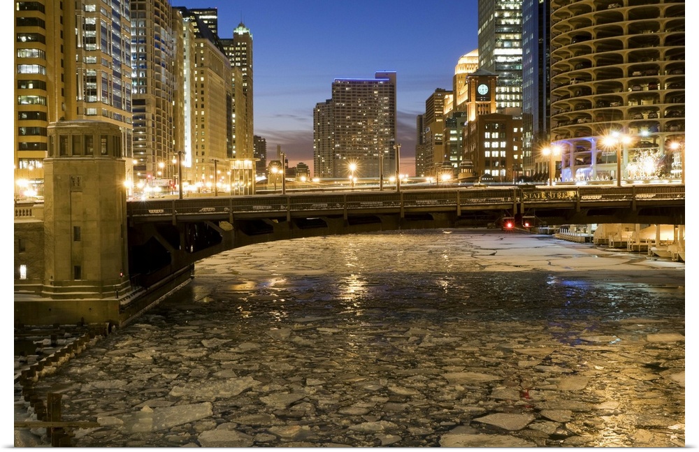 Looking down the frozen Chicago River at dusk.