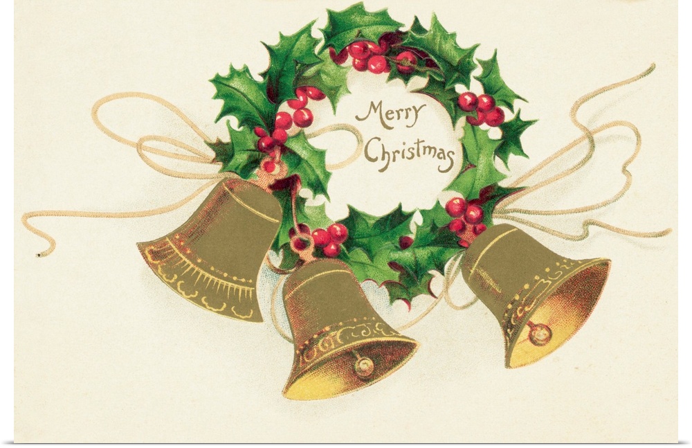 Christmas postcard: A trio of bells hang from a wreath of holly surrounding a caption reading Merry Christmas. Undated pos...