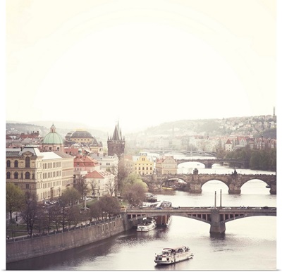 City of Prague with bridges including Charles bridge crossing Vltava river.
