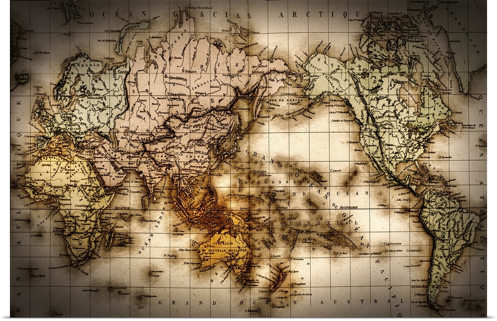 Horizontal, large wall picture of an antique world map with a dark vignette around the edges, and dark age spots throughout.