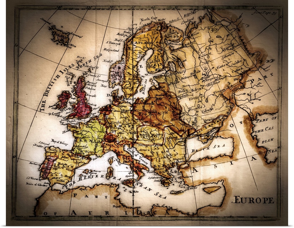 Old, worn map of the countries of Europe and parts of Russia, as well as major rivers, in sepia tones.
