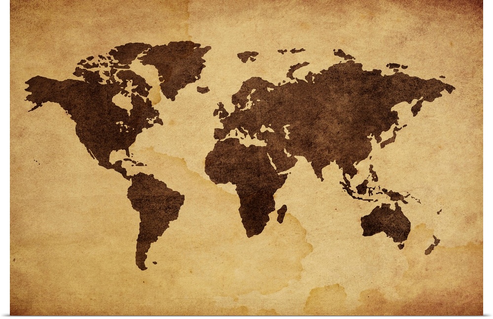 Oversized landscape artwork of the world map with no text, darker colored continents on a lighter, antique background.