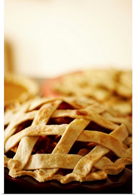Close-up of fresh pie with lattice pattern crust