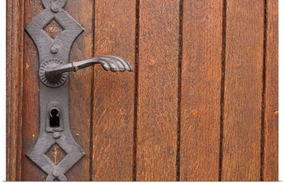 Close-up of lock on wooden door