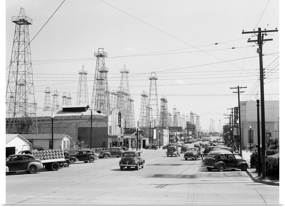 View of oil derricks along main street in Kilgore, Texas. Undated photograph.